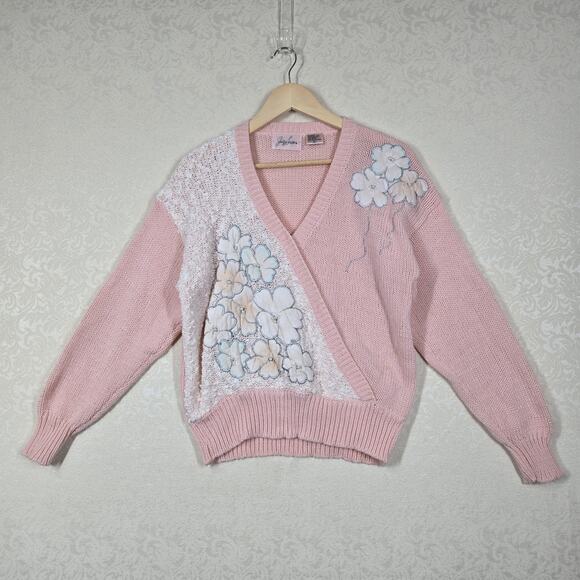 VTG Jaclyn Smith Sweater sz L Pink Embroidered Floral Pearl Embellished Feminine - Picture 16 of 16